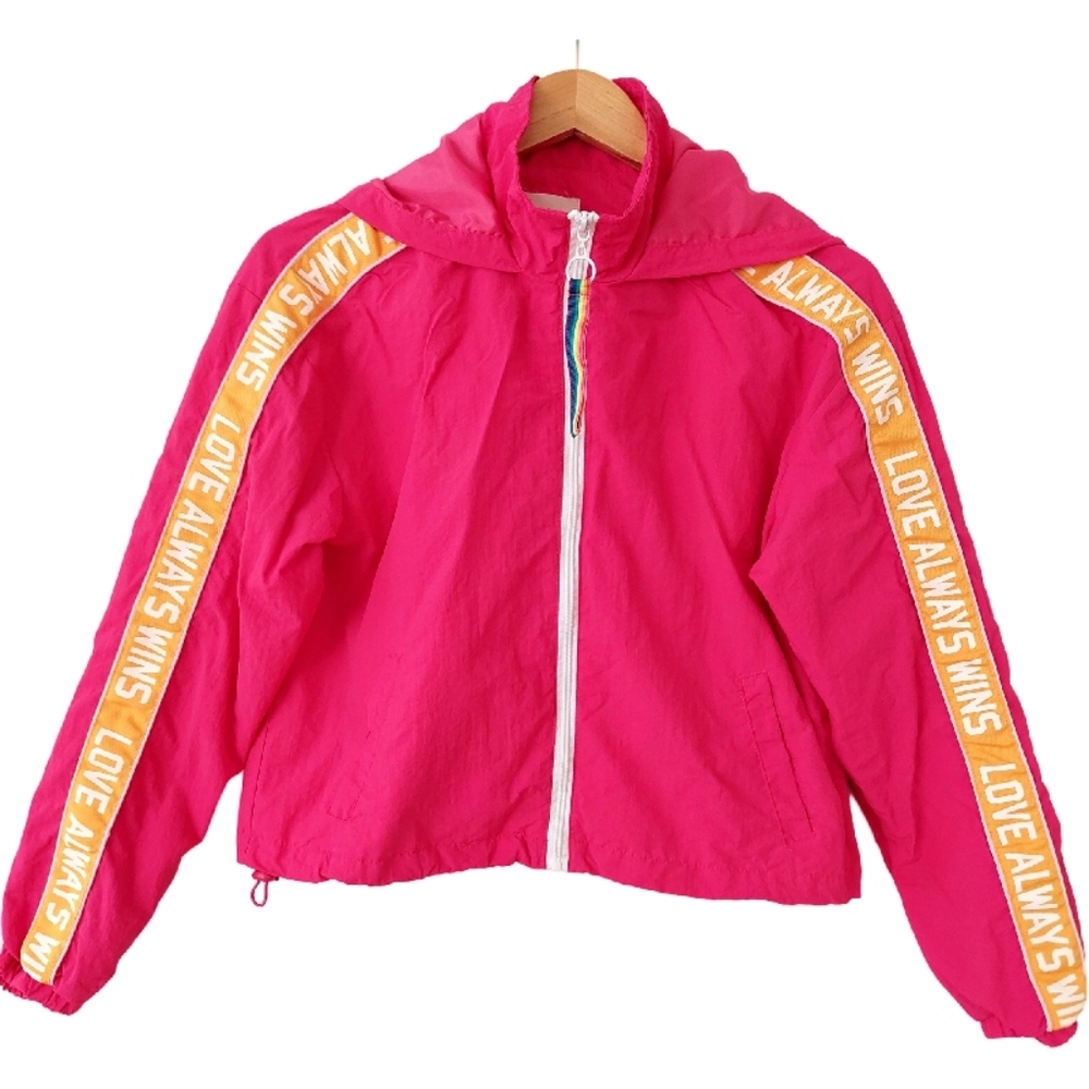 26 International "Love Always Wins" Pink Hooded Cropped Zip Jacket - Size M